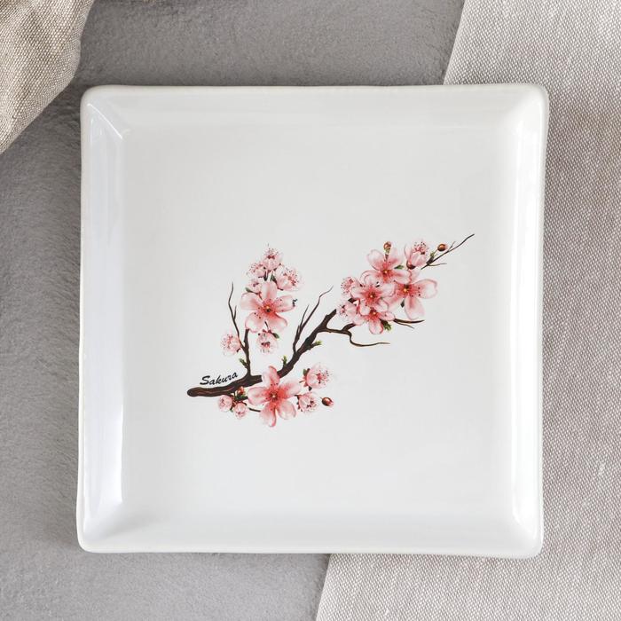 Тарелка “Квадрат” д/суши, белая с деколью, 19см