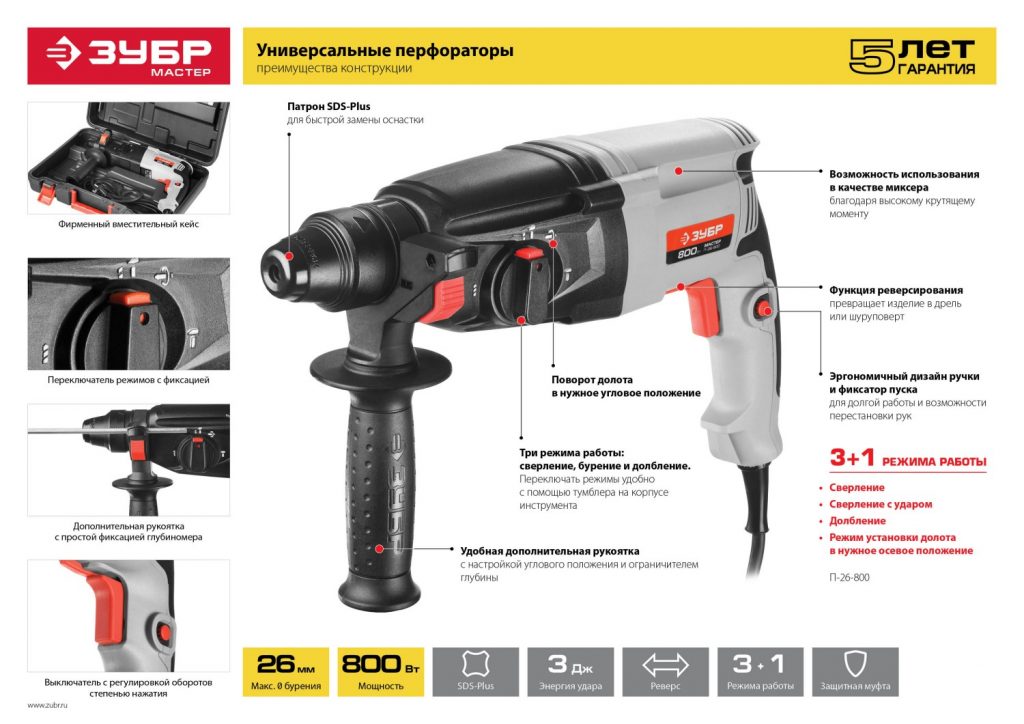 Перфоратор SDS-plus 800Вт ЗУБР П-26-800